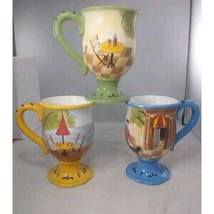 Jennifer Brinley Bistro Coffe Mug Cup Certified International Pedestal Set Of 3